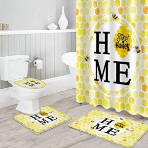 Honeycomb 4 Pieces Shower Curtain Sets with Non Slip Rugs Toilet Lid Cover and Bath Mat, Yellow Honeycomb with Bee Watercolor Bathroom Decor Set with 12 Hooks, 72" x 72"