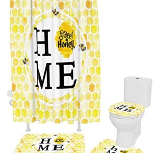 Honeycomb 4 Pieces Shower Curtain Sets with Non Slip Rugs Toilet Lid Cover and Bath Mat, Yellow Honeycomb with Bee Watercolor Bathroom Decor Set with 12 Hooks, 72" x 72"