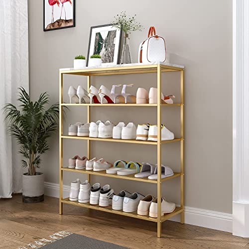 IOTXT Metal Shoe Rack, 5-Tier Shoe Storage Unit Flat, Shoe Organizer Shelf with 4 Metal Mesh Shelves and MDF Wooden Top Board for Entryway, Hallway, Closet, Living Room, Bedroom, Industrial, Gold