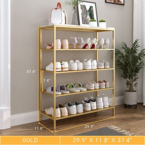 IOTXT Metal Shoe Rack, 5-Tier Shoe Storage Unit Flat, Shoe Organizer Shelf with 4 Metal Mesh Shelves and MDF Wooden Top Board for Entryway, Hallway, Closet, Living Room, Bedroom, Industrial, Gold