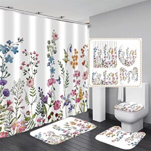 ddqq 4pcs flower shower curtain set with non-slip rugs, toilet lid cover and bath mat, colorful floral shower curtain with 12 hooks, waterproof watercolor boho bath curtain for bathroom decor