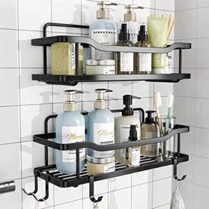 bathroom organizer shelf shower caddy,no drilling adhesive shelves rustproof sus304 stainless steel for storage organization,2 pack with 4 hooks,matte black rack, sh-02