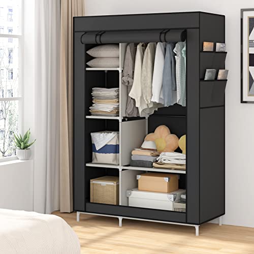 Calmootey Closet Storage Organizer,Portable Wardrobe with 6 Shelves and Clothes Rod,Non-Woven Fabric Cover with 4 Side Pockets,Black