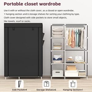 Calmootey Closet Storage Organizer,Portable Wardrobe with 6 Shelves and Clothes Rod,Non-Woven Fabric Cover with 4 Side Pockets,Black