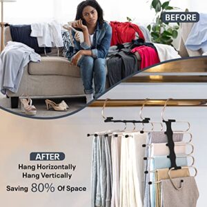 {Upgraded} Space Saving Magic Pants Hangers Multi-Layers (Pack of 2) for Men and Women. Multifunctional Use for Pants Scarves Skirts and Ties - Non-Slip Hangers with 5 Tiers for Closet Organizer