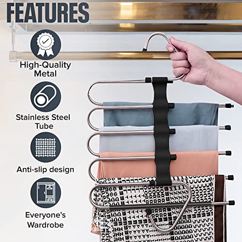{Upgraded} Space Saving Magic Pants Hangers Multi-Layers (Pack of 2) for Men and Women. Multifunctional Use for Pants Scarves Skirts and Ties - Non-Slip Hangers with 5 Tiers for Closet Organizer