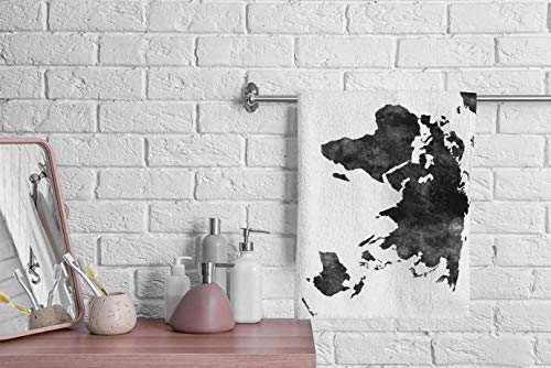 oFloral World Map Hand Towels,Watercolor Black Map On White Background Soft Comfortable Super-Absorbent Towel for Bath/Kitchen/Yoga/Golf/Hair Towel for Men/Women/Girl/Boys 15X30 Inch