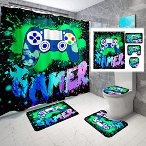 4pcs gamer shower curtain sets bathroom set decor with non-slip rugs bath u-shaped mat toilet lid cover game bathroom curtains shower set for boys with 12 hooks