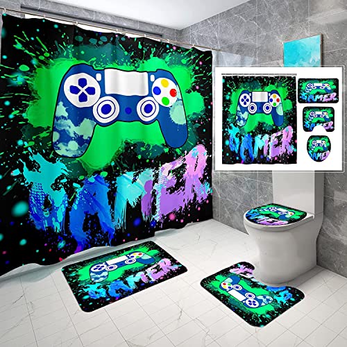 4Pcs Gamer Shower Curtain Sets Bathroom Set Decor with Non-Slip Rugs Bath U-Shaped Mat Toilet Lid Cover Game Bathroom Curtains Shower Set for Boys with 12 Hooks