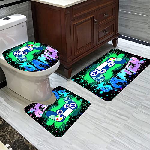 4Pcs Gamer Shower Curtain Sets Bathroom Set Decor with Non-Slip Rugs Bath U-Shaped Mat Toilet Lid Cover Game Bathroom Curtains Shower Set for Boys with 12 Hooks