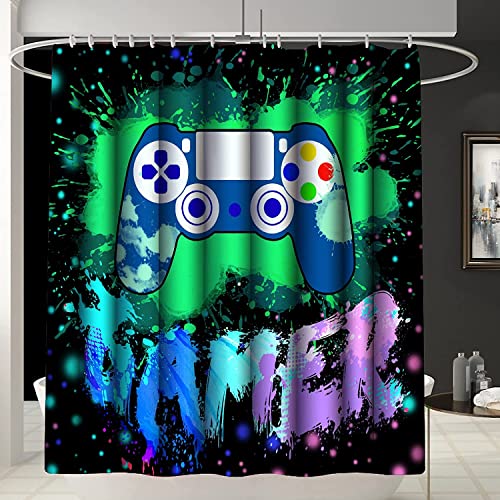 4Pcs Gamer Shower Curtain Sets Bathroom Set Decor with Non-Slip Rugs Bath U-Shaped Mat Toilet Lid Cover Game Bathroom Curtains Shower Set for Boys with 12 Hooks