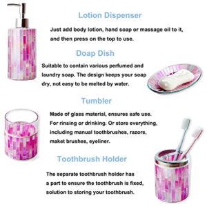 HILHORA Hand Made Bathroom Accessories Set 4Pcs Mosaic Glass Decorative Bathroom Set Includes Soap Lotion Dispenser, Tumbler, Toothbrush Holder, Soap Dish (Pink)