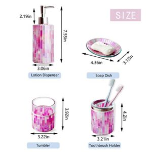 HILHORA Hand Made Bathroom Accessories Set 4Pcs Mosaic Glass Decorative Bathroom Set Includes Soap Lotion Dispenser, Tumbler, Toothbrush Holder, Soap Dish (Pink)