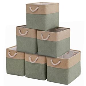 large cube storage baskets organizer (10.5" x 10.5" x 11") for clothes toys towel books, canvas fabric sturdy collapsible storage boxes with cotton handles for closet, shelves (green/brown, 6 pack)
