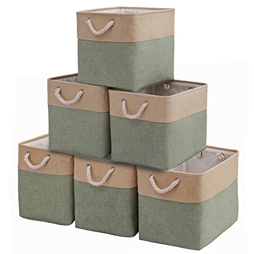 Large Cube Storage Baskets Organizer (10.5" x 10.5" x 11") for Clothes Toys Towel Books, Canvas Fabric Sturdy Collapsible Storage Boxes with Cotton Handles for Closet, Shelves (Green/Brown, 6 Pack)