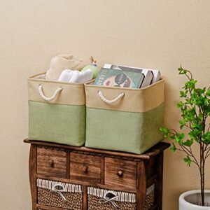 Large Cube Storage Baskets Organizer (10.5" x 10.5" x 11") for Clothes Toys Towel Books, Canvas Fabric Sturdy Collapsible Storage Boxes with Cotton Handles for Closet, Shelves (Green/Brown, 6 Pack)