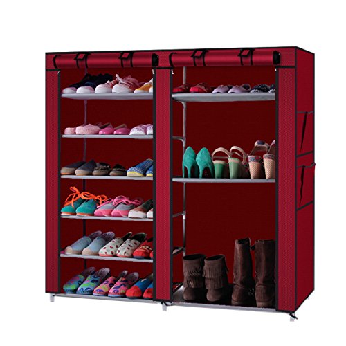 Vasitelan Shoe Rack Storage Organizer,Portable Double Row with Nonwoven Fabric Cover Shoe Rack Cabinet for Closet (Wine Red)