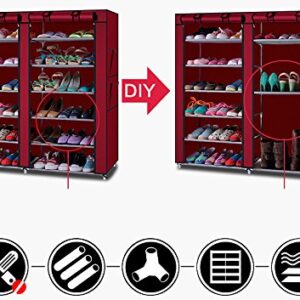 Vasitelan Shoe Rack Storage Organizer,Portable Double Row with Nonwoven Fabric Cover Shoe Rack Cabinet for Closet (Wine Red)