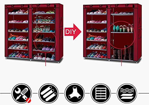 Vasitelan Shoe Rack Storage Organizer,Portable Double Row with Nonwoven Fabric Cover Shoe Rack Cabinet for Closet (Wine Red)