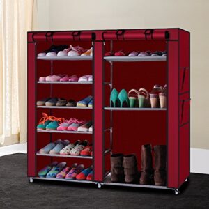Vasitelan Shoe Rack Storage Organizer,Portable Double Row with Nonwoven Fabric Cover Shoe Rack Cabinet for Closet (Wine Red)