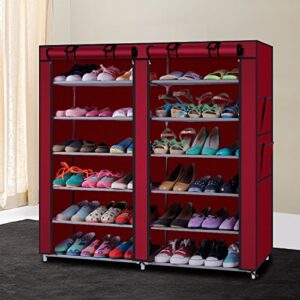 Vasitelan Shoe Rack Storage Organizer,Portable Double Row with Nonwoven Fabric Cover Shoe Rack Cabinet for Closet (Wine Red)