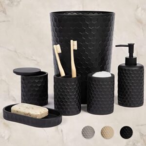 zccz 6 piece bathroom accessories set, toothbrush holder, toothbrush cup, soap dispenser,bathroom vanity tray, qtip holder, trash can - black