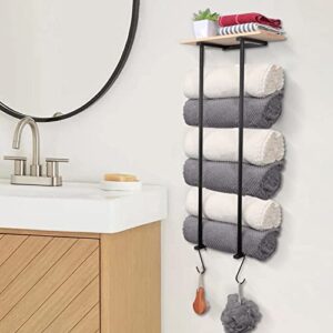 tocten towel rack for bathroom wall mounted, bathroom towel holders with wooden shelf wall towel rack, bath wall towel organizer for rolled towels, large towel, washcloths, spa, salon（matte black）