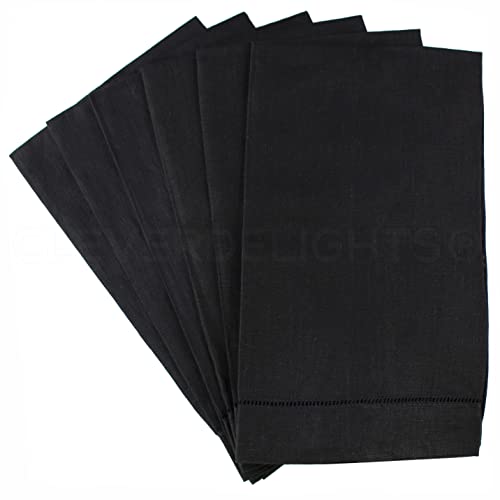 CleverDelights Black Linen Hemstitched Hand Towels - 6 Pack - 14" x 22" - Fingertip Towel