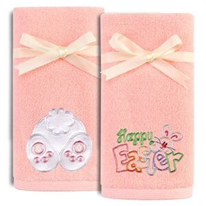 greenpine 2 pack easter hand towels pink rabbit tail 100% cotton embroidered premium luxury decor bathroom decorative dish towels set for drying, cleaning, cooking, holiday towels gift set 14 "x 29"