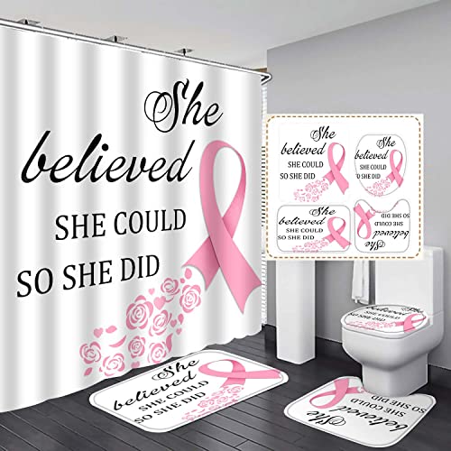 EARVO 4PCS Pink Ribbon Shower Curtain Sets with Non-Slip Rugs Bath U-Shaped Mat Toilet Lid Cover Breast Cancer Awareness Bathroom Decor Set Accessories with 12 Hooks 71x72 in SETMYEA78