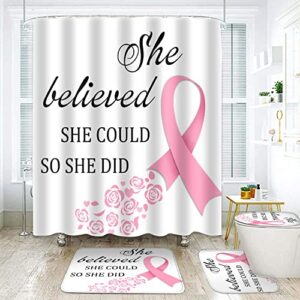 earvo 4pcs pink ribbon shower curtain sets with non-slip rugs bath u-shaped mat toilet lid cover breast cancer awareness bathroom decor set accessories with 12 hooks 71x72 in setmyea78