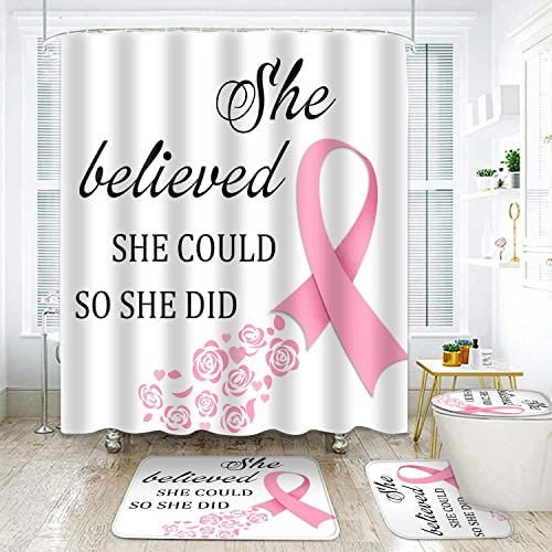 EARVO 4PCS Pink Ribbon Shower Curtain Sets with Non-Slip Rugs Bath U-Shaped Mat Toilet Lid Cover Breast Cancer Awareness Bathroom Decor Set Accessories with 12 Hooks 71x72 in SETMYEA78