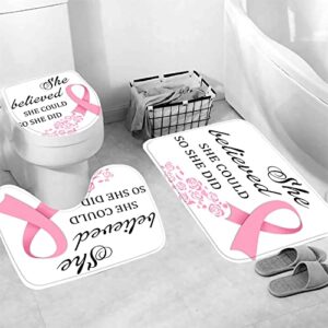 EARVO 4PCS Pink Ribbon Shower Curtain Sets with Non-Slip Rugs Bath U-Shaped Mat Toilet Lid Cover Breast Cancer Awareness Bathroom Decor Set Accessories with 12 Hooks 71x72 in SETMYEA78