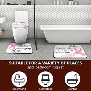 EARVO 4PCS Pink Ribbon Shower Curtain Sets with Non-Slip Rugs Bath U-Shaped Mat Toilet Lid Cover Breast Cancer Awareness Bathroom Decor Set Accessories with 12 Hooks 71x72 in SETMYEA78