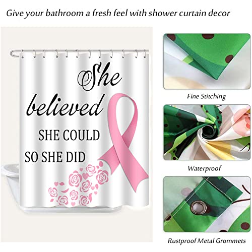 EARVO 4PCS Pink Ribbon Shower Curtain Sets with Non-Slip Rugs Bath U-Shaped Mat Toilet Lid Cover Breast Cancer Awareness Bathroom Decor Set Accessories with 12 Hooks 71x72 in SETMYEA78