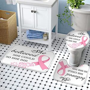 EARVO 4PCS Pink Ribbon Shower Curtain Sets with Non-Slip Rugs Bath U-Shaped Mat Toilet Lid Cover Breast Cancer Awareness Bathroom Decor Set Accessories with 12 Hooks 71x72 in SETMYEA78