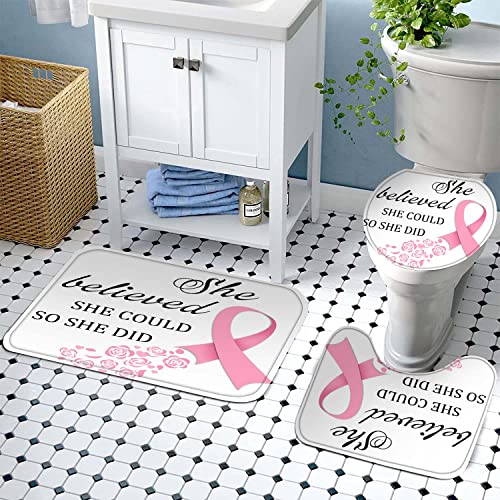 EARVO 4PCS Pink Ribbon Shower Curtain Sets with Non-Slip Rugs Bath U-Shaped Mat Toilet Lid Cover Breast Cancer Awareness Bathroom Decor Set Accessories with 12 Hooks 71x72 in SETMYEA78