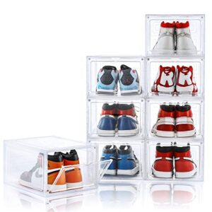 stebopum shoe storage box, 8 pack clear plastic stackable shoes organizer with magnetic front door, shoe containers sneaker storage for men/women, fit up to us size 12,13.4”x10.6”x7.5”