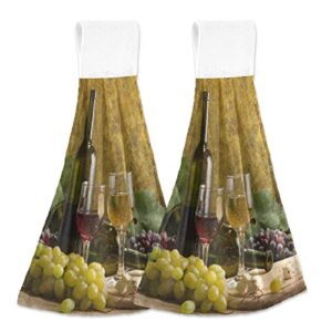 oarencol vintage red and white wine glasses grape kitchen hand towel absorbent hanging tie towels with loop for bathroom 2 pcs