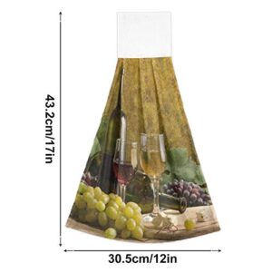 Oarencol Vintage Red and White Wine Glasses Grape Kitchen Hand Towel Absorbent Hanging Tie Towels with Loop for Bathroom 2 Pcs