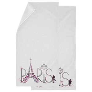 naanle chic romantic french paris eiffel tower butterfly luxury 2 piece soft fluffy guest decor hand towels, multipurpose for bathroom, hotel, gym and spa (14" x 28",white)
