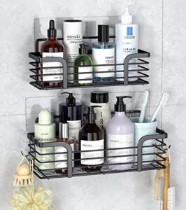 shfhesive adhesive bathroom shower shelves(2 pack), sus304 stainless steel rustproof shower caddy shower racks for inside shower, no drilling bathroom shower organizer with 4 hooks(black)