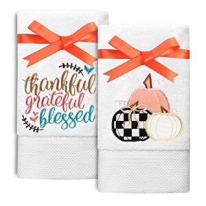 quera 2 pack of fall thanksgiving hand towels 100% cotton pumpkin premium luxury decorative bathroom decorative plate set dry, clean, cook, autumn 13.7 "x 29.5", white