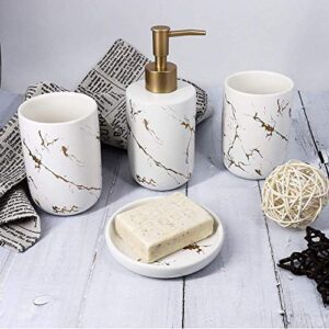 Qulable Cream Bathroom Accessories Set Complete, 4 Pcs Ceramic Bathroom Decorations Accessories Sets Includes Lotion Dispenser, 2 Tumblers and Soap Dish for Bath Decor, Countertop Vanity Organize