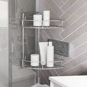 geekdigg 2 pack corner shower caddy, adhesive shower shelves, wall mounted stainless steel shower shelf for inside shower, bathroom, toilet, kitchen and dorm- no drill install, silver