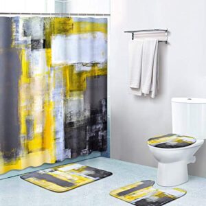 britimes 4 piece shower curtain sets, yellow gray white with non-slip rugs, toilet lid cover and bath mat, durable and waterproof, for bathroom decor set, 72" x 72"