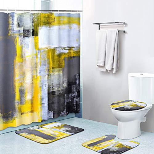 Britimes 4 Piece Shower Curtain Sets, Yellow Gray White with Non-Slip Rugs, Toilet Lid Cover and Bath Mat, Durable and Waterproof, for Bathroom Decor Set, 72" x 72"