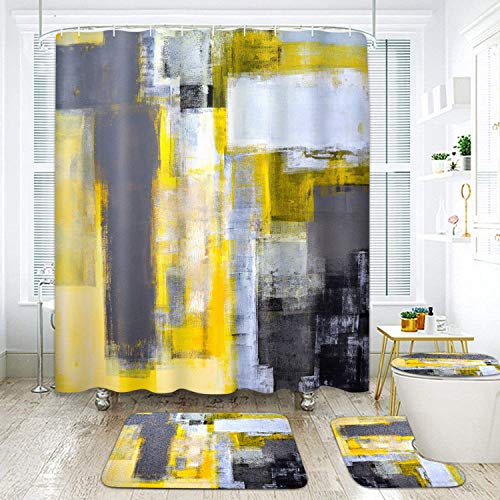 Britimes 4 Piece Shower Curtain Sets, Yellow Gray White with Non-Slip Rugs, Toilet Lid Cover and Bath Mat, Durable and Waterproof, for Bathroom Decor Set, 72" x 72"