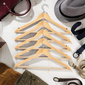 High-Grade Wooden Suit Hangers with Non Slip Pants Bar Smooth Finish Solid Wood Coat Hanger 360° Swivel Hook Precisely Cut Notches for Camisole, Jacket, Pant, Dress Clothes Hangers - 10 Pack, Natural