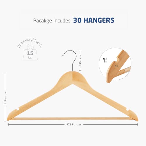 High-Grade Wooden Suit Hangers with Non Slip Pants Bar Smooth Finish Solid Wood Coat Hanger 360° Swivel Hook Precisely Cut Notches for Camisole, Jacket, Pant, Dress Clothes Hangers - 10 Pack, Natural